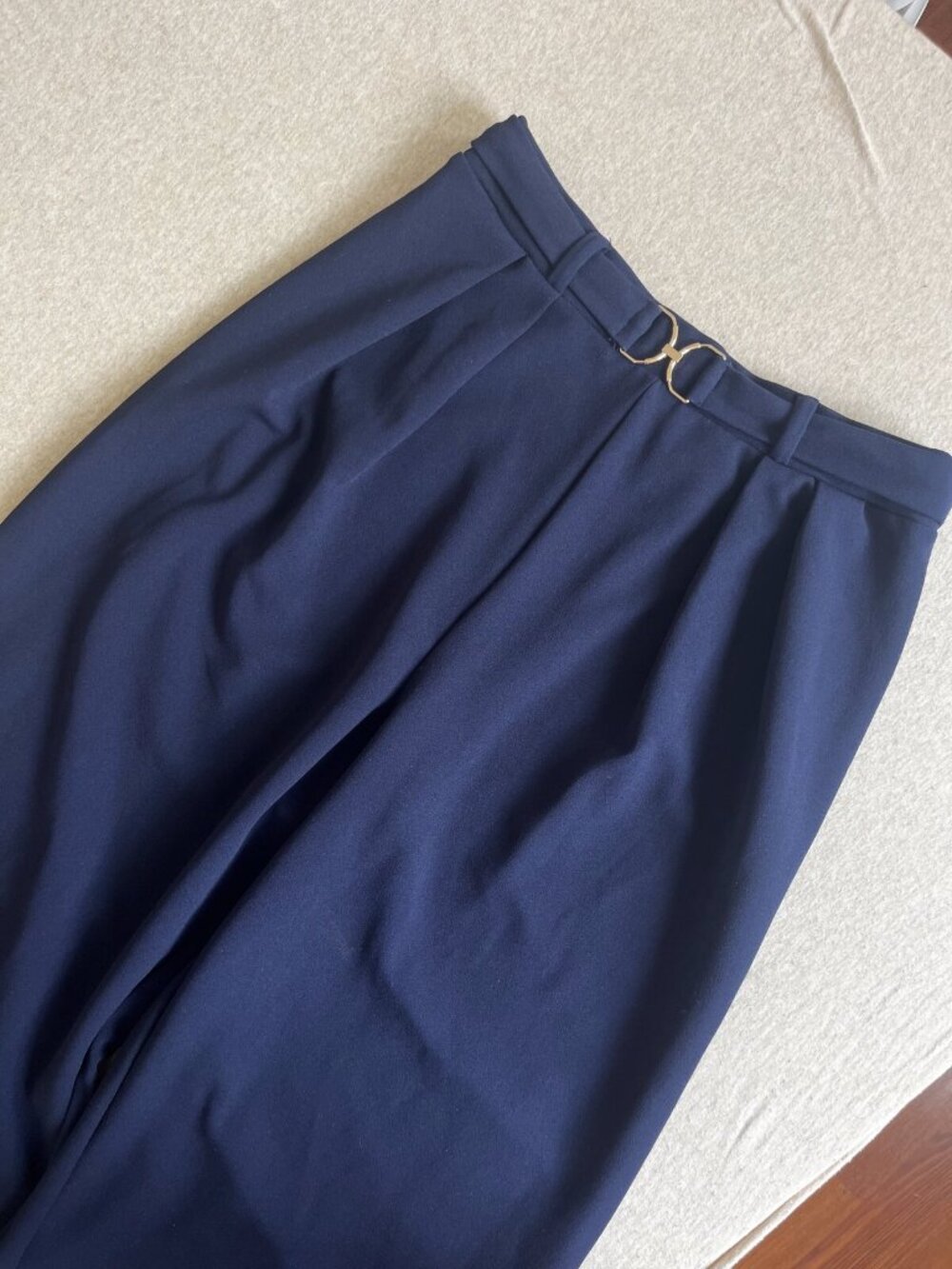 H&M Navy Wide Leg Pleated High Waist Trousers Gold Buckle Detail S